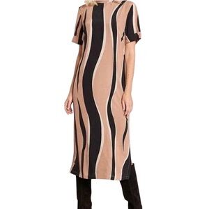 Mint Velvet Ripple Print High Neck Dress Women 10 black Tan Midi chiffon Lined